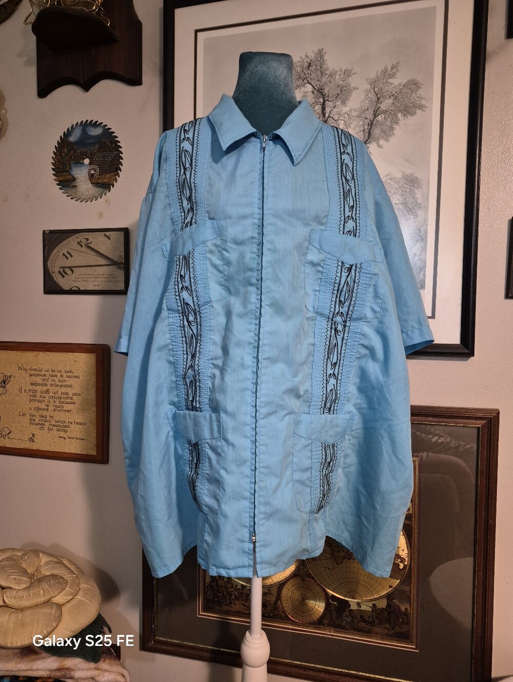 Vintage The Genuine Haband Guayabera Short Sleeve Zip Front Shirt Light Blue 3XL